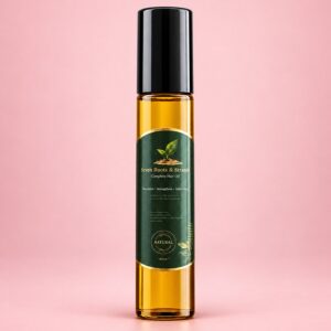 Slim roll-on bottle of golden hair oil with a black cap and a green and gold label