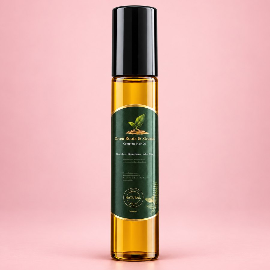 Slim roll-on bottle of golden hair oil with a black cap and a green and gold label