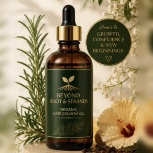 Amber dropper bottle of Beyond Root & Strands Organic Hair Growth Oil beside rosemary, gypsophila and a hibiscus flower